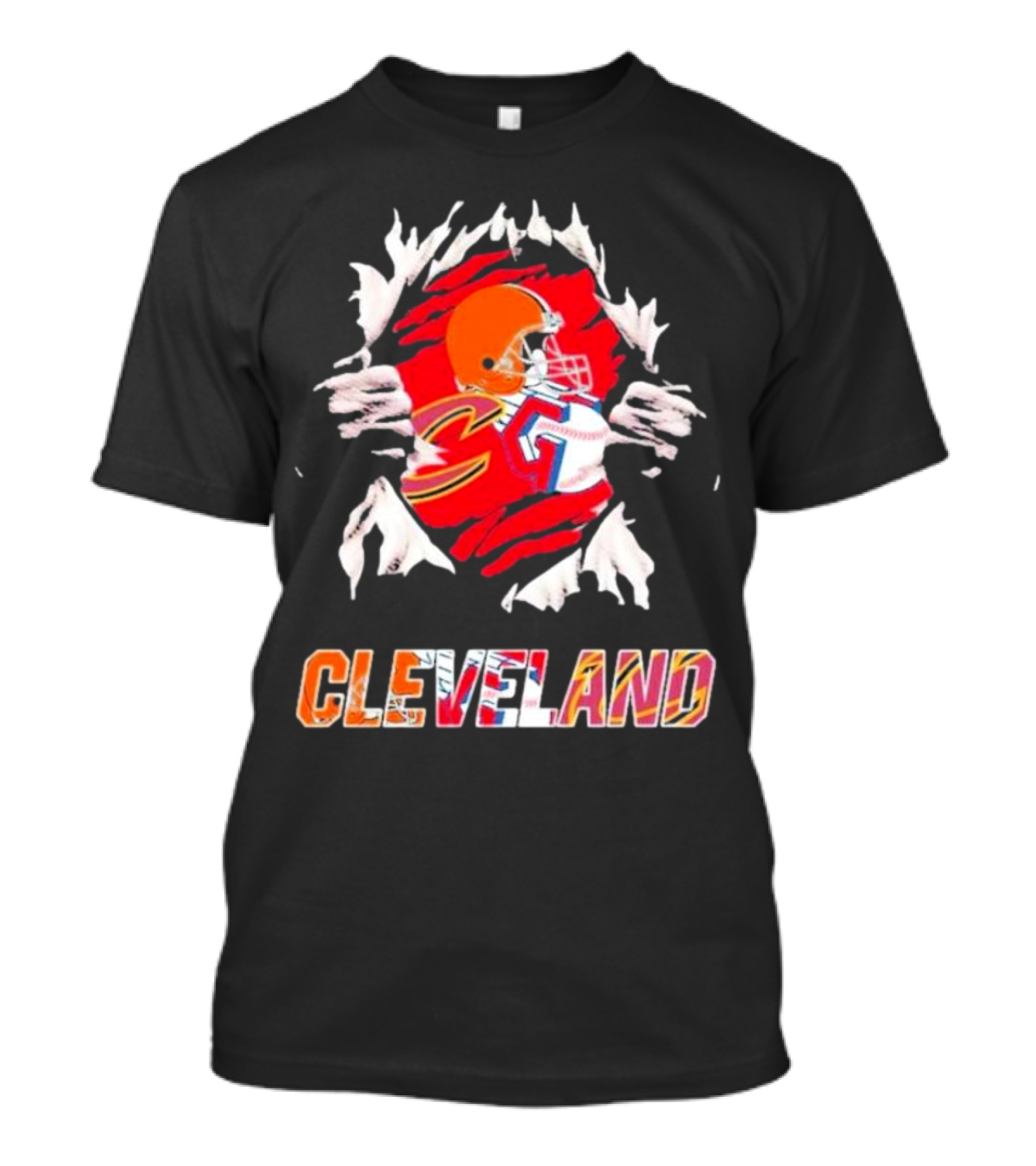 Cleveland Football Helmet And Jersey Inside Torn T-Shirt