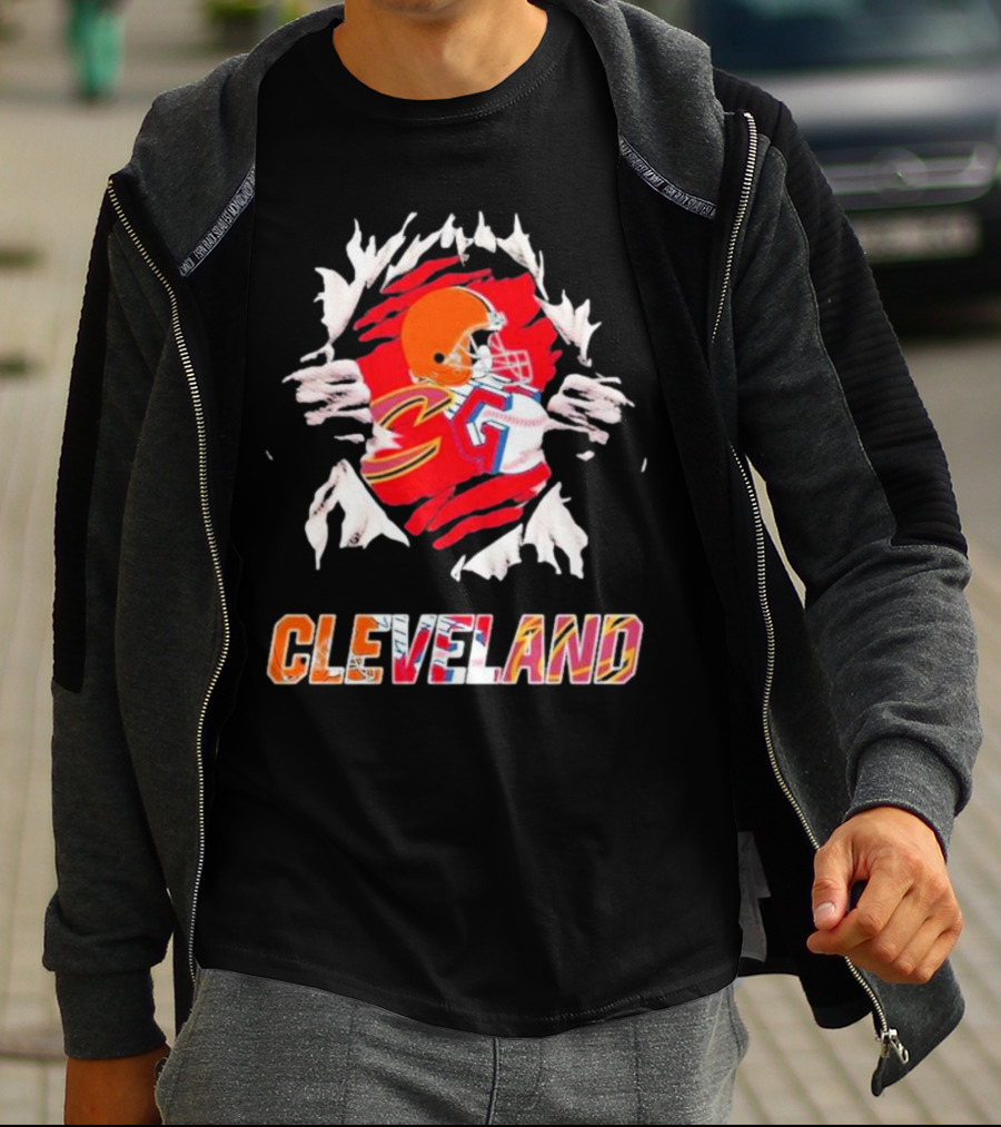 Cleveland Football Helmet And Jersey Inside Torn T-Shirt