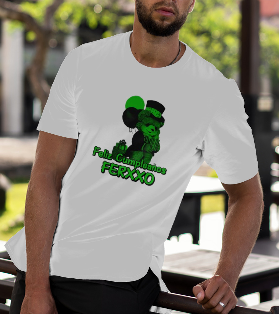 Feliz Cumpleaños Ferxxo Teddy Bear Green Balloons Black Top Hat T-Shirt