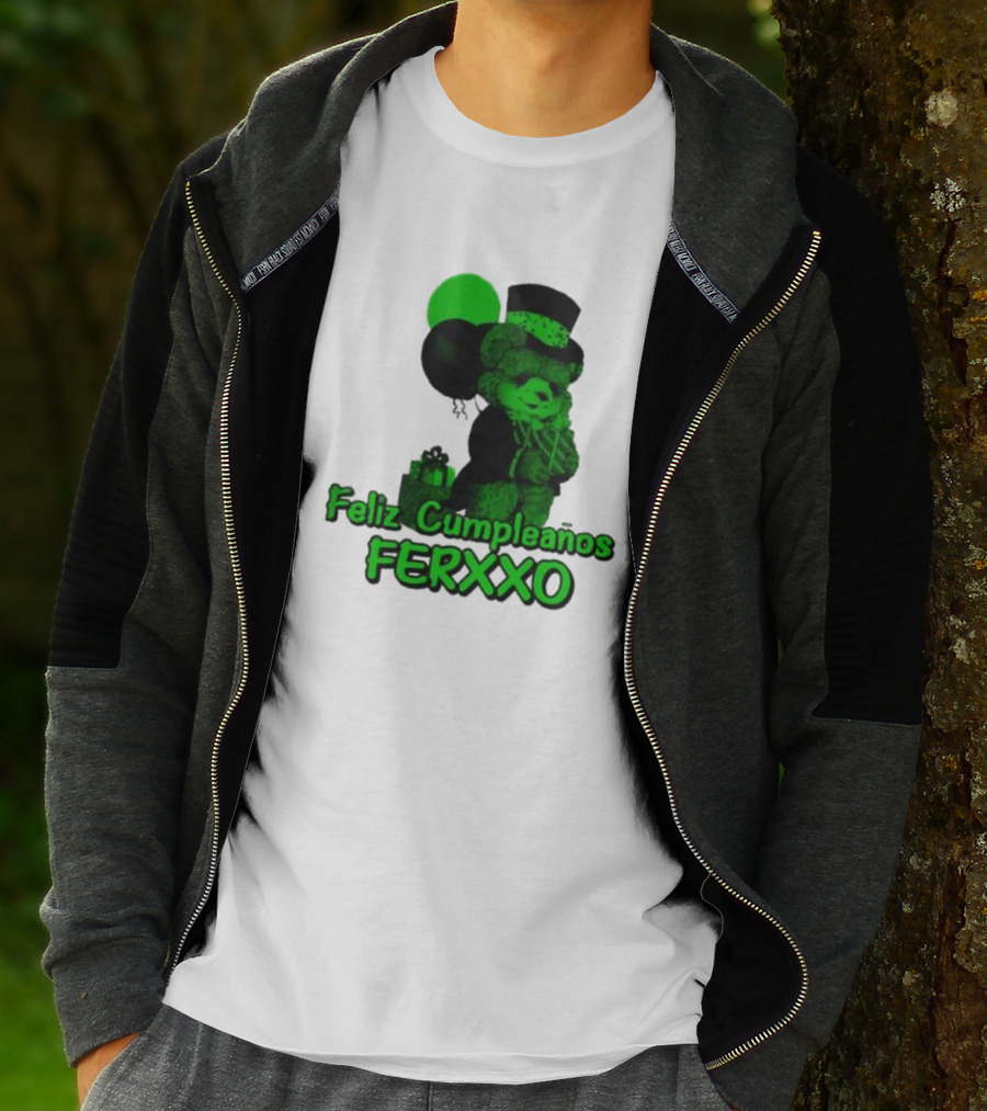 Feliz Cumpleaños Ferxxo Teddy Bear Green Balloons Black Top Hat T-Shirt