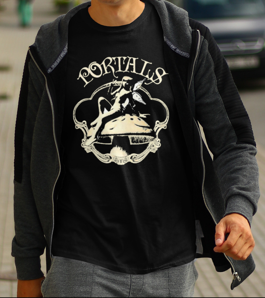 Portals Fairy Sitting On Mushroom With Wings And Scrollwork Elements T-Shirt