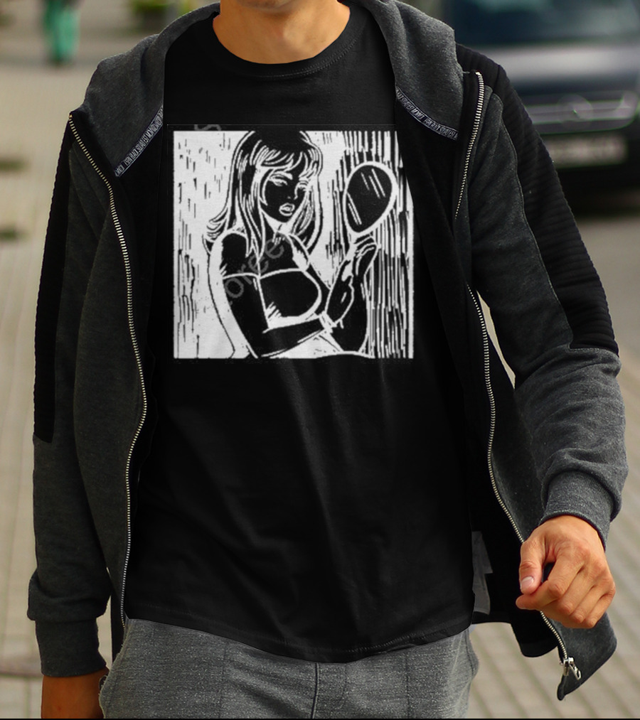 Billie Eilish Store Mirror Art Black And White Line Drawing Woman With Handheld Mirror T-Shirt