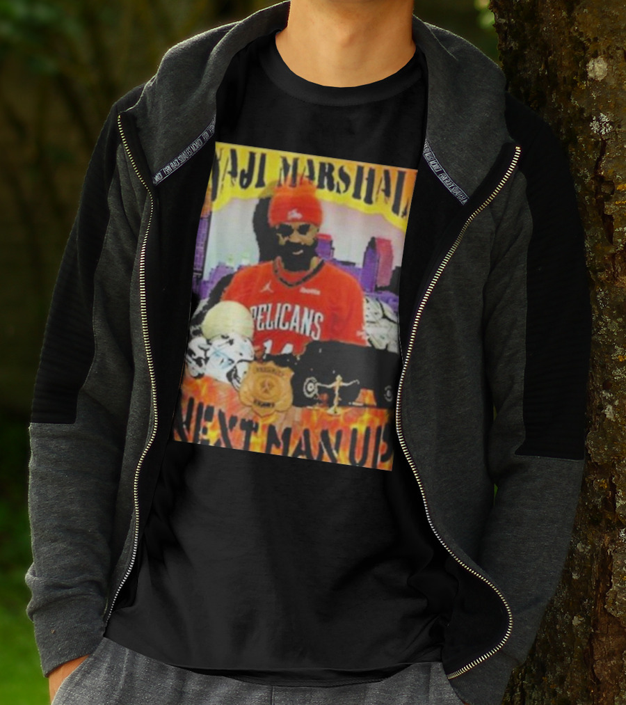 Naji Marshall Pelicans Next Man Up Badge Police Car City Background T-Shirt