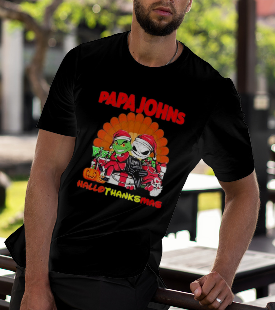 Papa Johns Baby Grinch Baby Jack Skellington HalloThanksMas T-Shirt