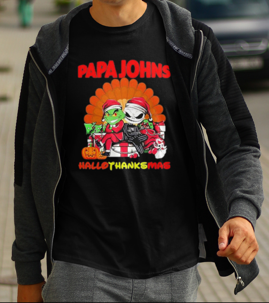 Papa Johns Baby Grinch Baby Jack Skellington HalloThanksMas T-Shirt