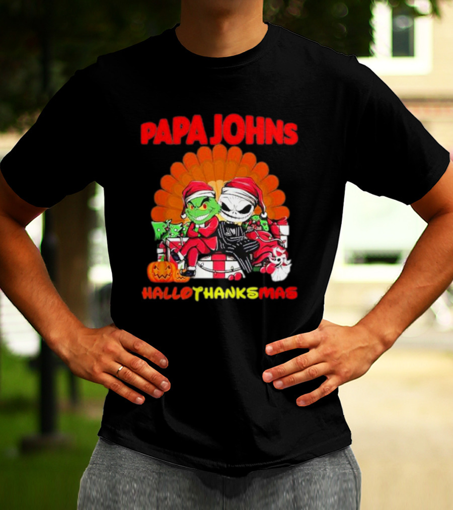 Papa Johns Baby Grinch Baby Jack Skellington HalloThanksMas T-Shirt