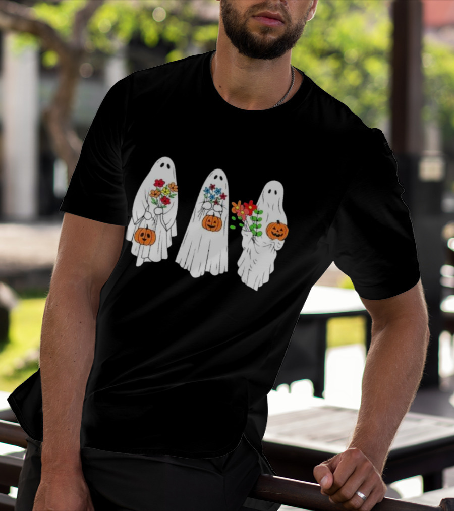 Floral Ghost Pumpkin Halloween Trio With Colorful Bouquet T-Shirt