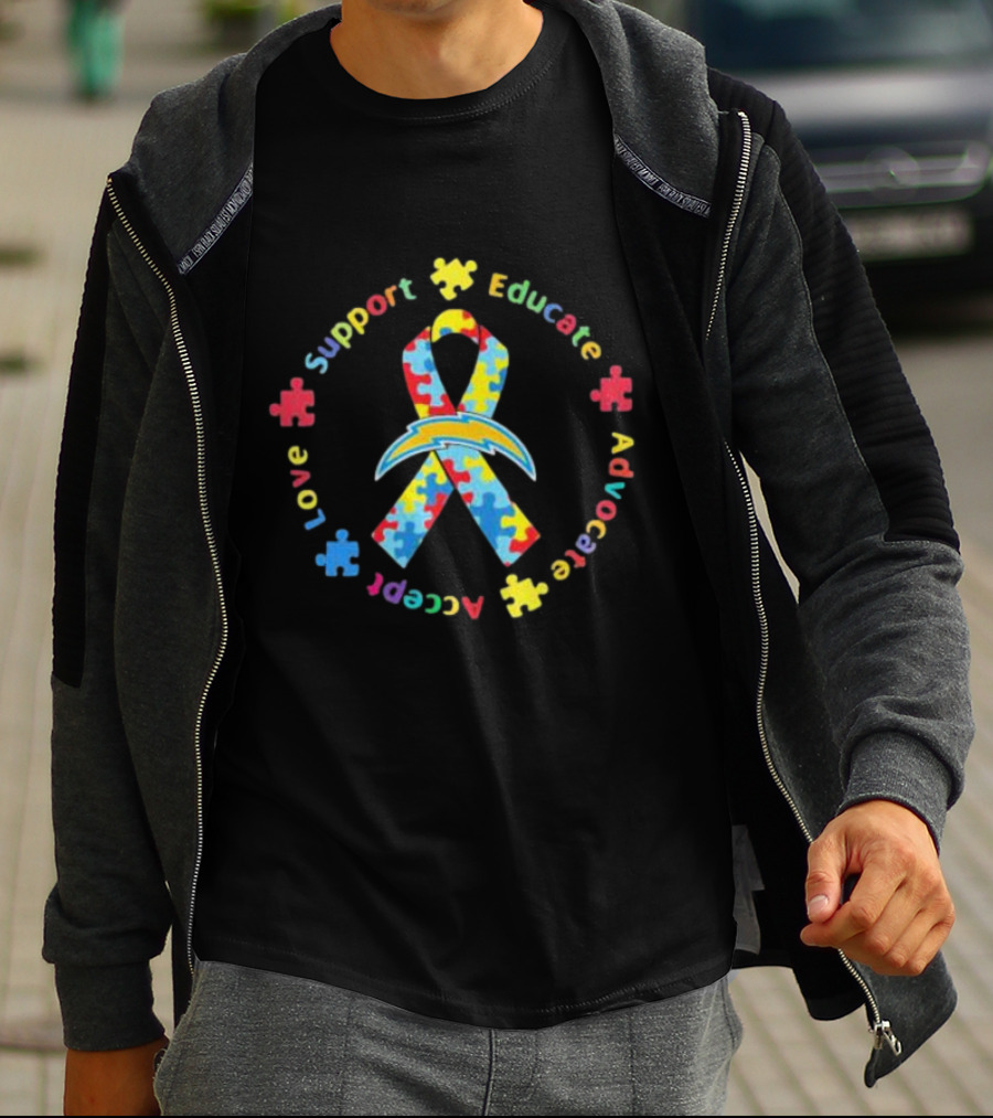 Los Angeles Chargers Autism Puzzle Ribbon Support Educate Advocate Accept Love T-Shirt