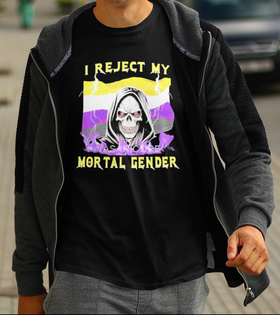 I Reject My Mortal Gender Nonbinary Skull With Hood And Lightning T-Shirt