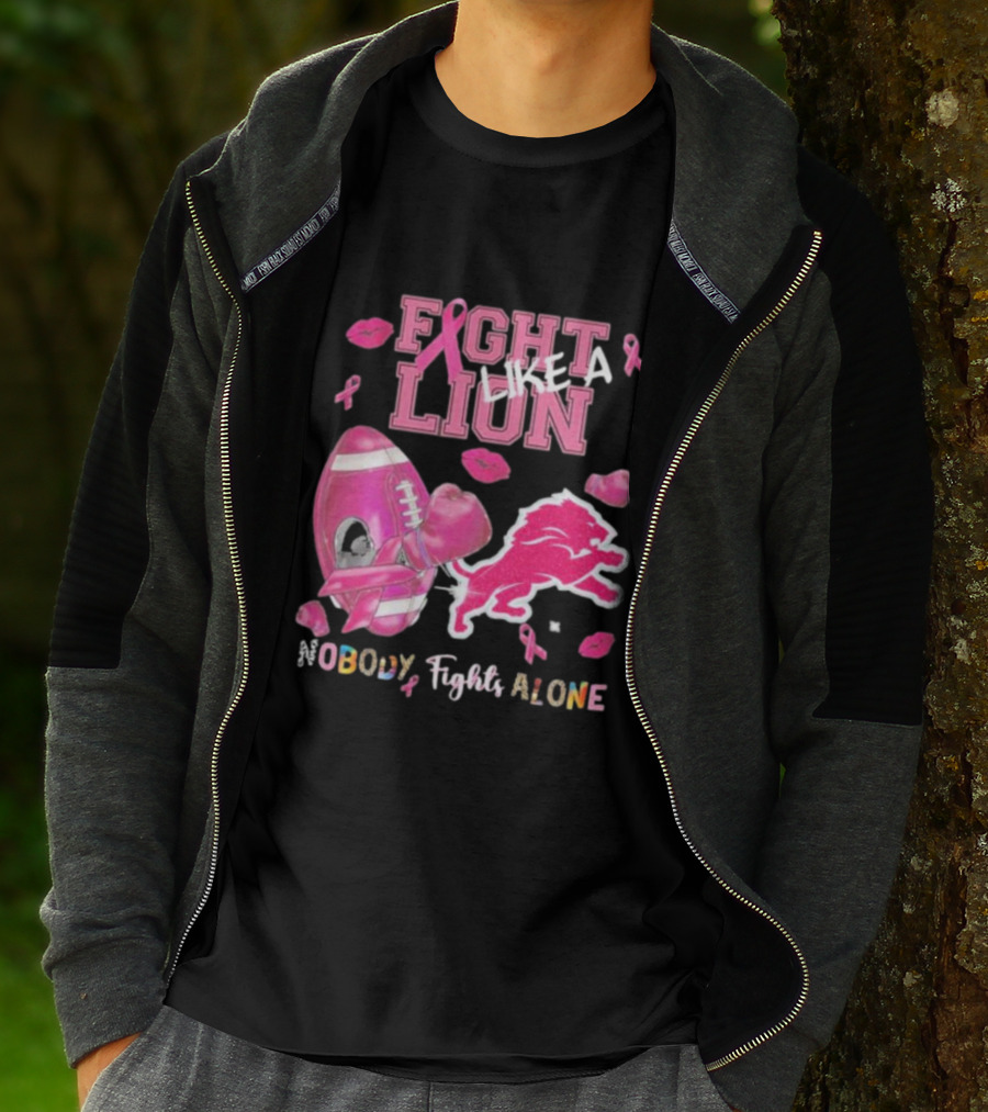 Fight Like A Lion Nobody Fights Alone Pink Ribbon Football Boxing Gloves Lips T-Shirt