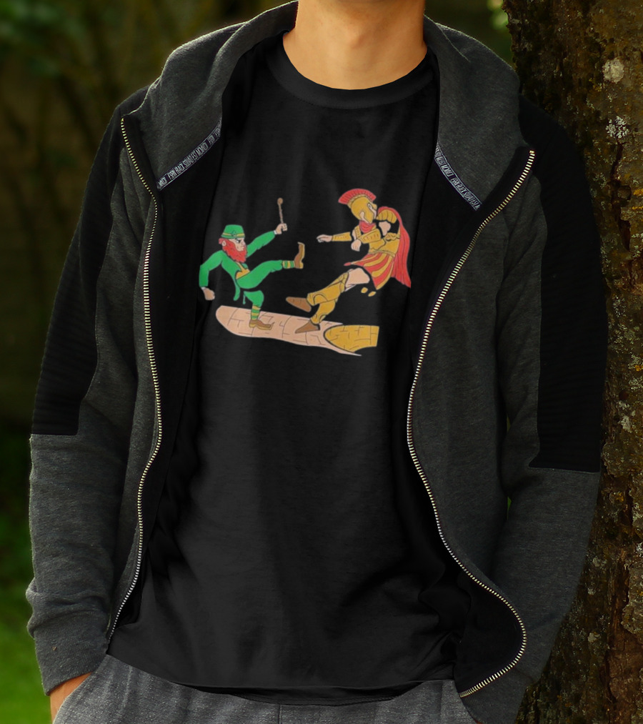 Notre Dame Leprechaun Vs. Trojan Warrior Kick Battle T-Shirt