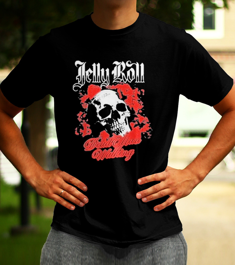 Jelly Roll Dead Man Walking Black Floral Skull Roses T-Shirt
