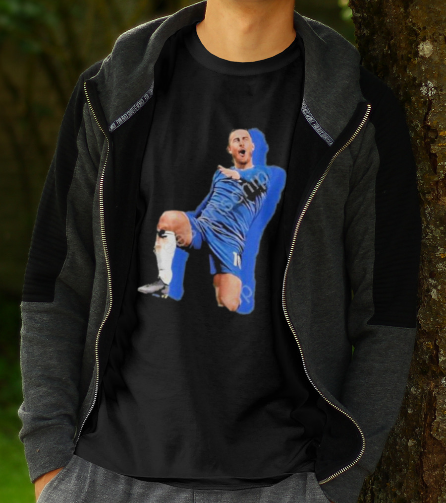 The By Line Show Garden Of Eden Celebration Pose Soccer Player In Blue Jersey T-Shirt