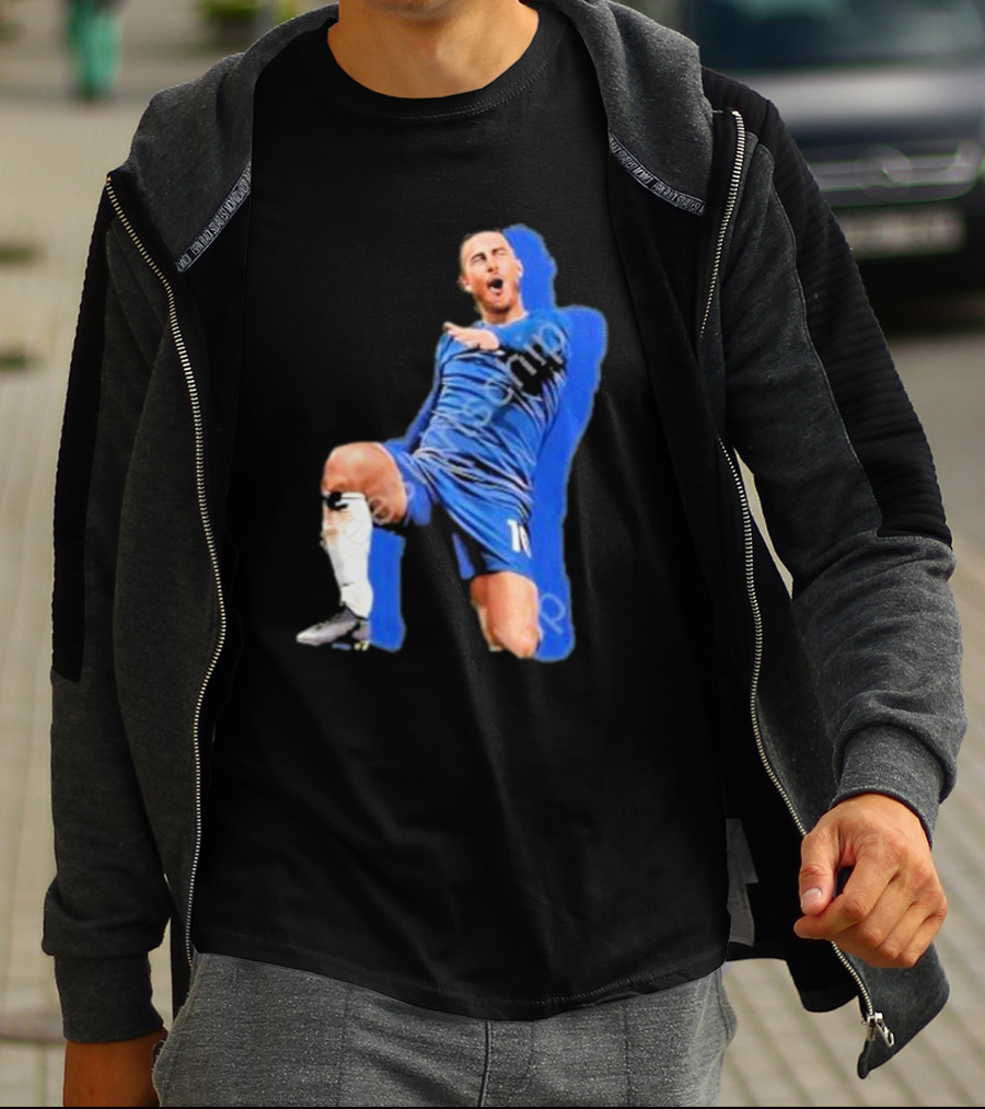 The By Line Show Garden Of Eden Celebration Pose Soccer Player In Blue Jersey T-Shirt
