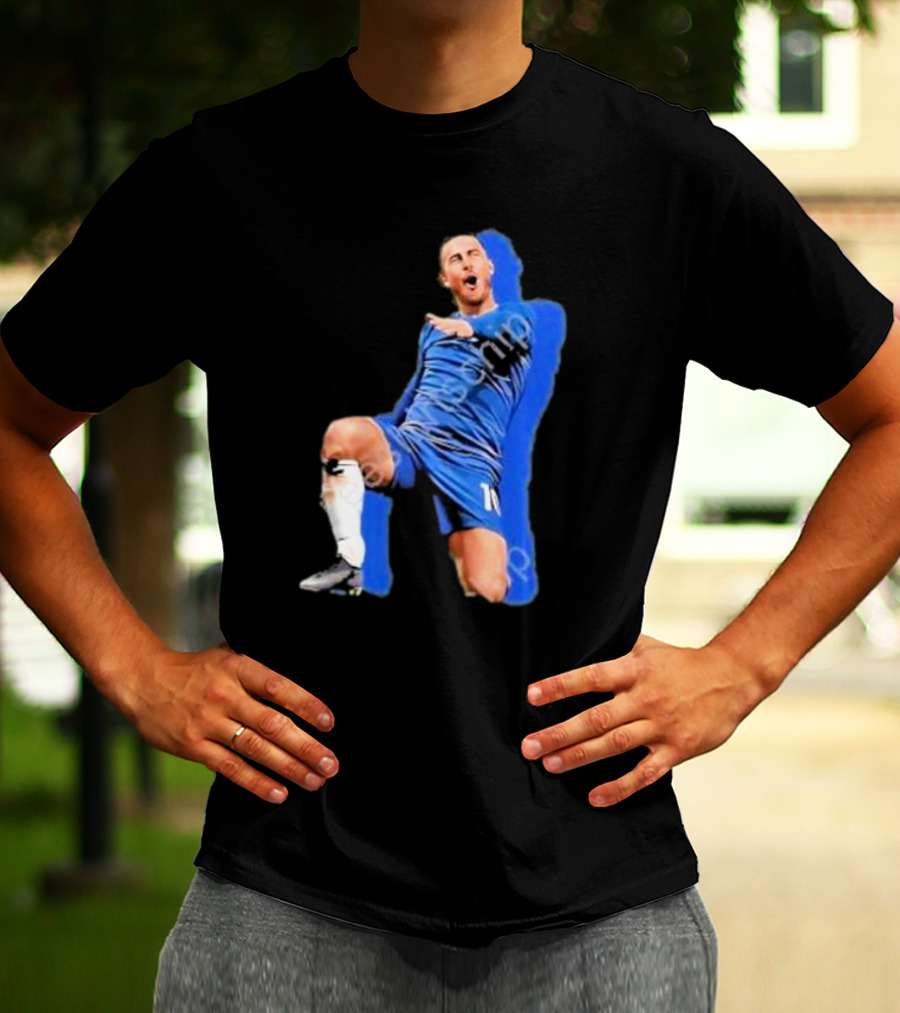 The By Line Show Garden Of Eden Celebration Pose Soccer Player In Blue Jersey T-Shirt