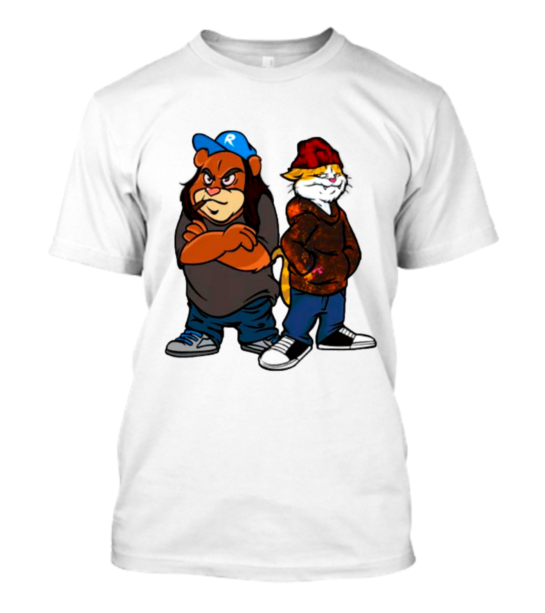 Phobik X Ratchet Cartoon Bear In Blue Cap And Cat In Red Beanie T-Shirt