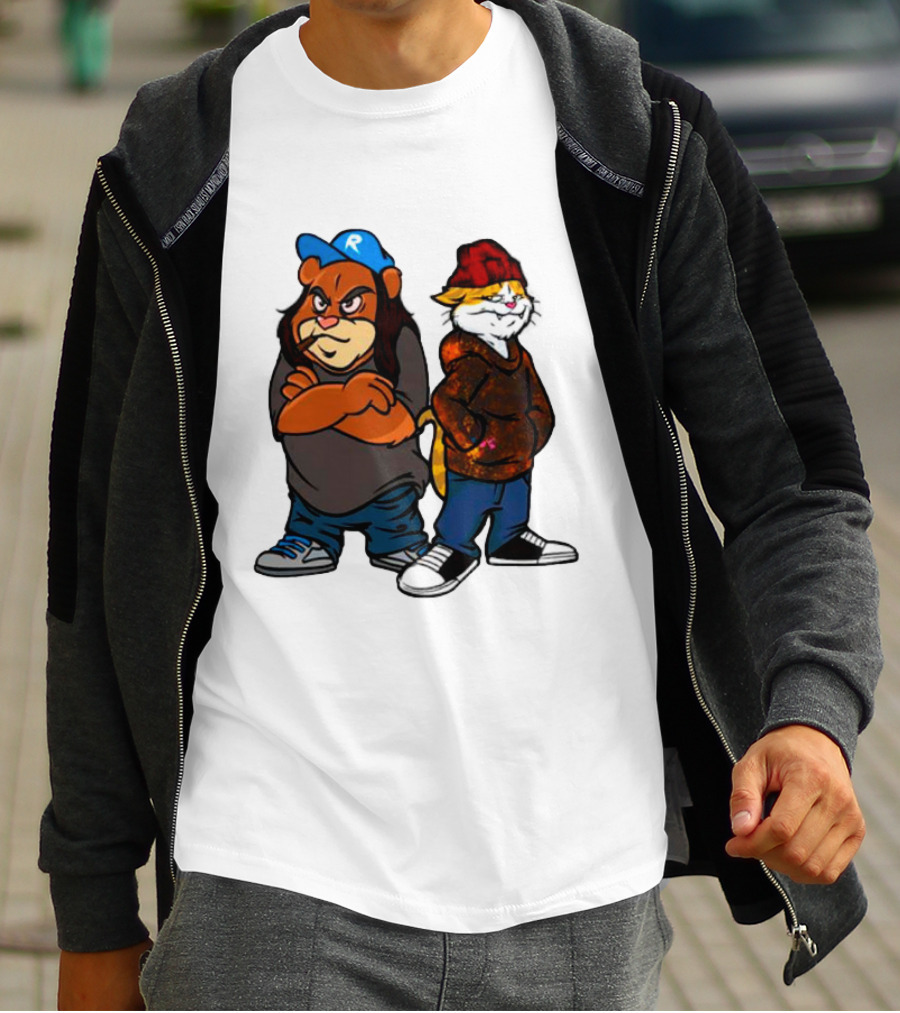Phobik X Ratchet Cartoon Bear In Blue Cap And Cat In Red Beanie T-Shirt