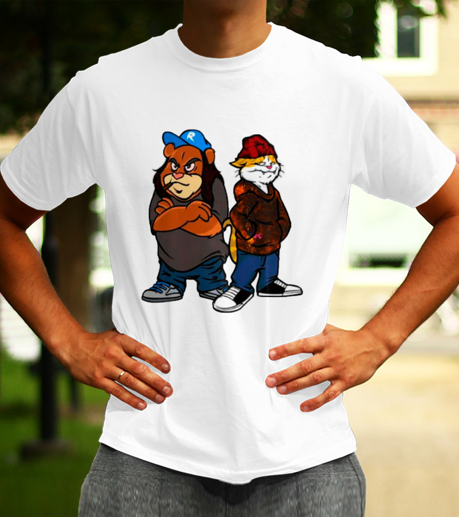 Phobik X Ratchet Cartoon Bear In Blue Cap And Cat In Red Beanie T-Shirt