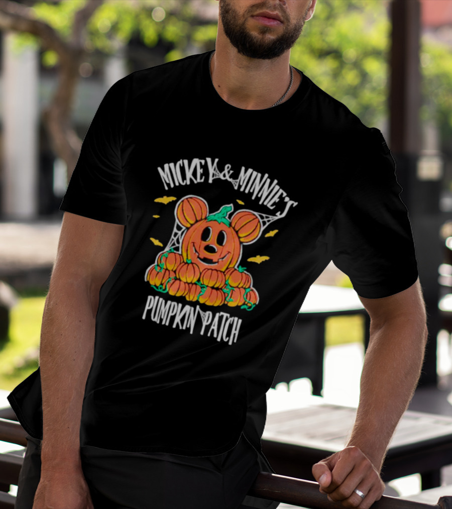 Mickey And Minnie's Pumpkin Patch Halloween Pumpkin Character With Ears And Spider Webs T-Shirt