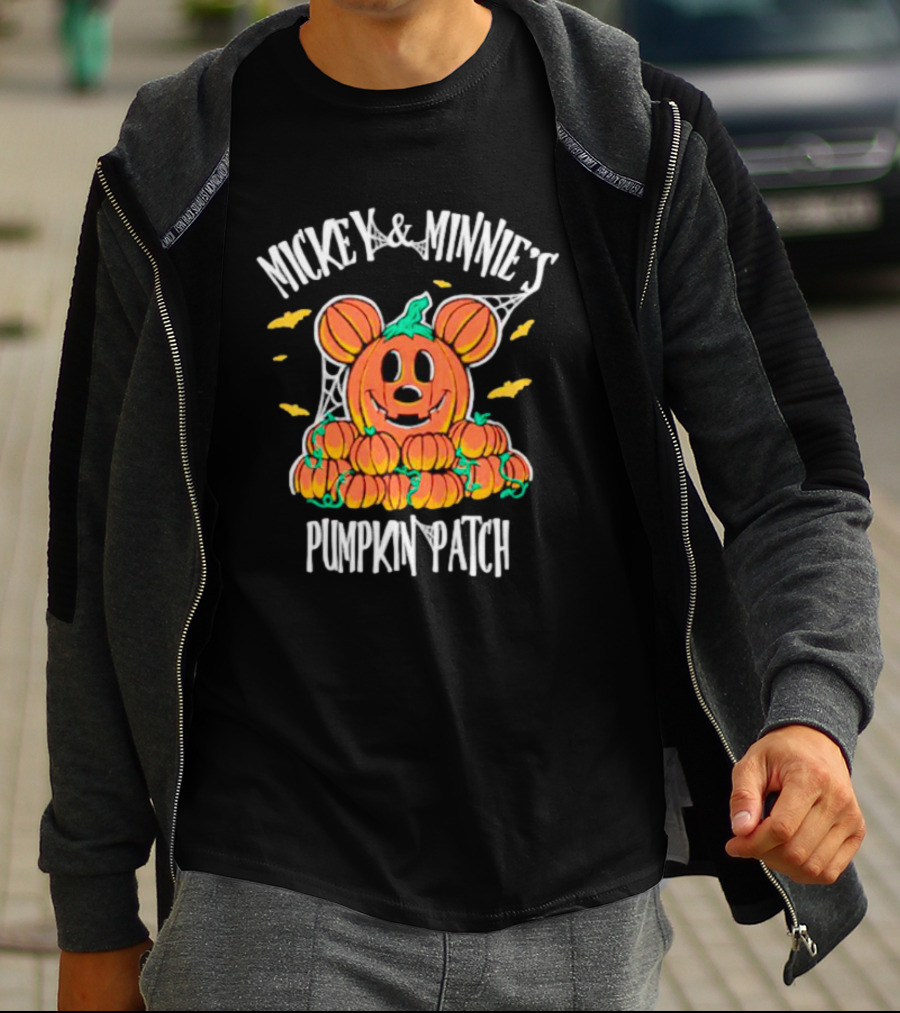Mickey And Minnie's Pumpkin Patch Halloween Pumpkin Character With Ears And Spider Webs T-Shirt