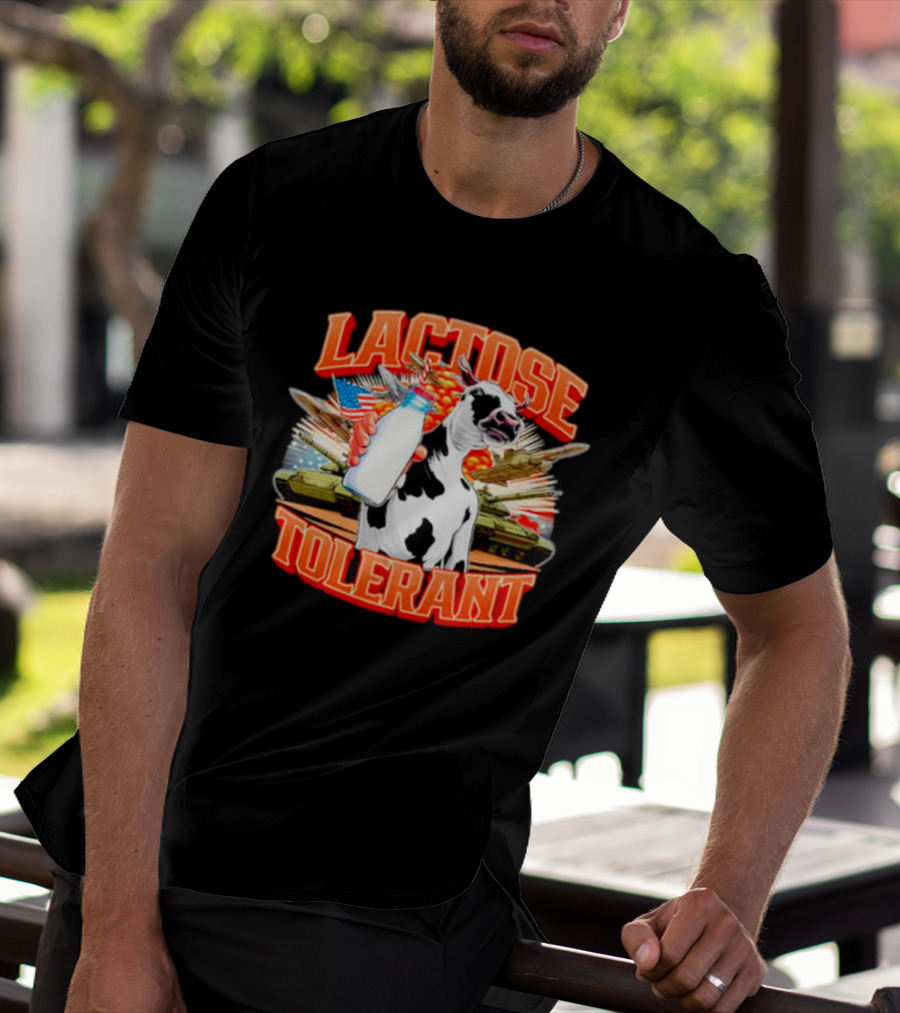 Lactose Tolerant Cow Holding Milk With Explosions And Tanks T-Shirt