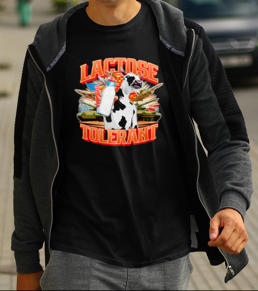 Lactose Tolerant Cow Holding Milk With Explosions And Tanks T-Shirt