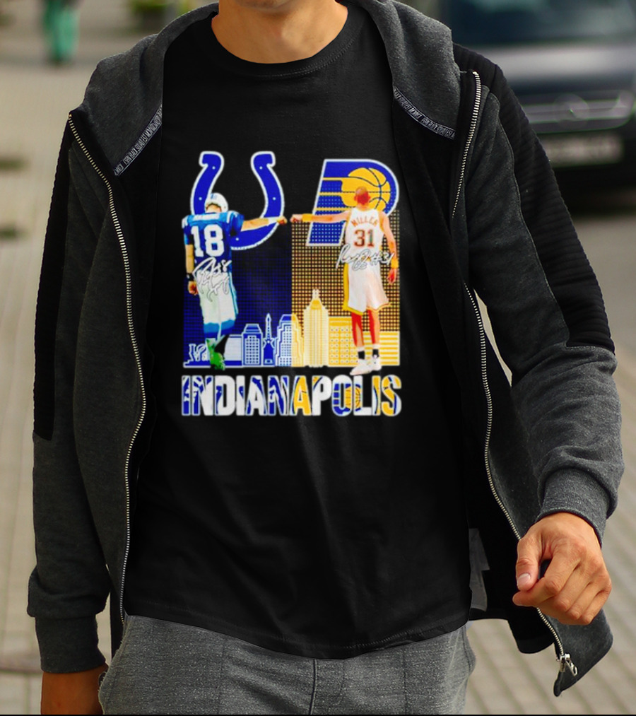 Indianapolis Colts Peyton Manning 18 Reggie Miller 31 Indiana Pacers Indianapolis Skyline T-Shirt