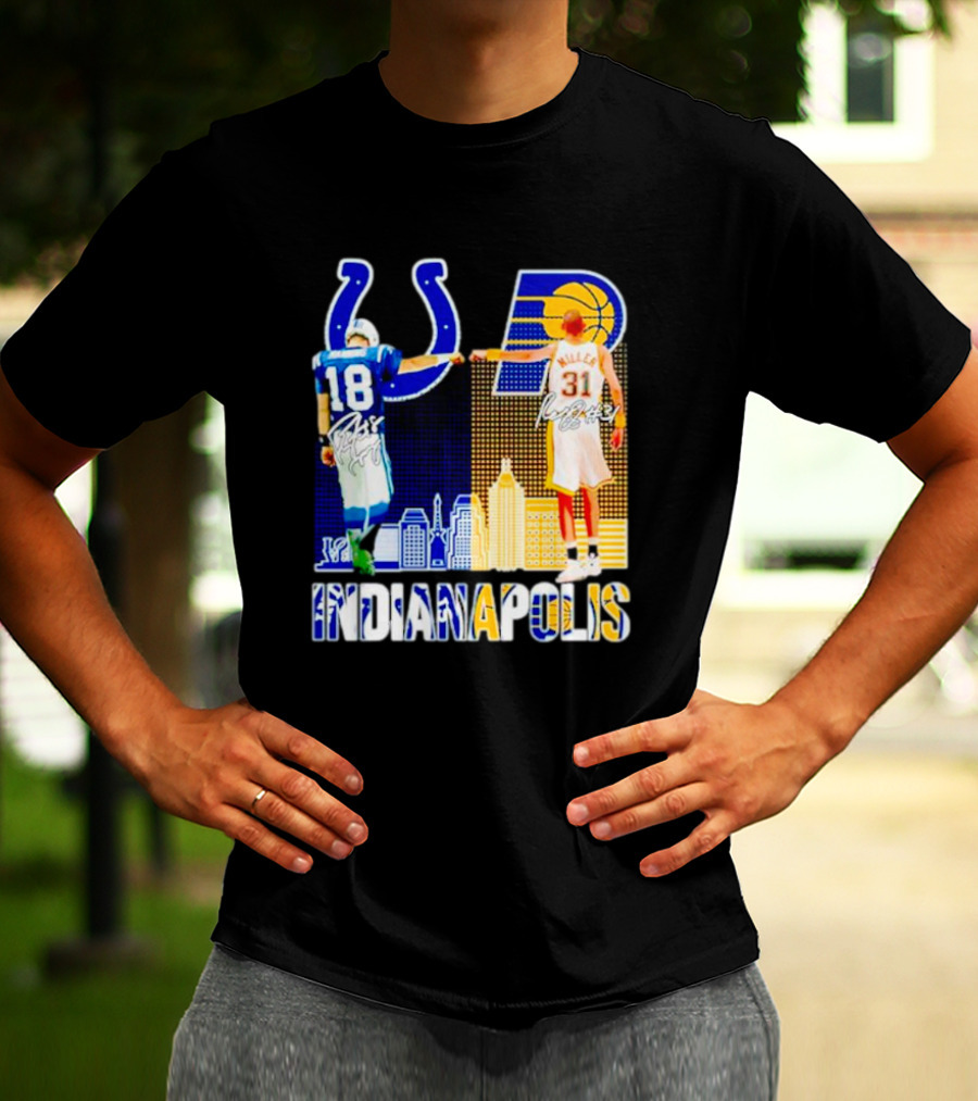 Indianapolis Colts Peyton Manning 18 Reggie Miller 31 Indiana Pacers Indianapolis Skyline T-Shirt