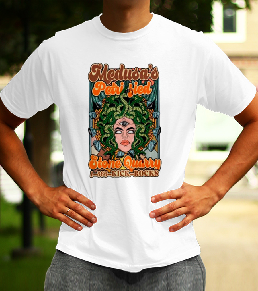 Medusa's Petrified Stone Quarry 1-866-Kick-Rocks Serpentine Gorgon Face With Third Eye And Stone Background T-Shirt