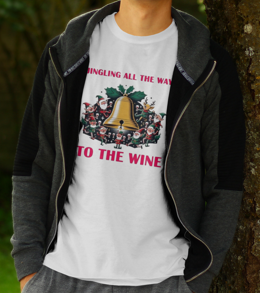 Jingling All The Way To The Wine Christmas Elves And Reindeer Bell T-Shirt