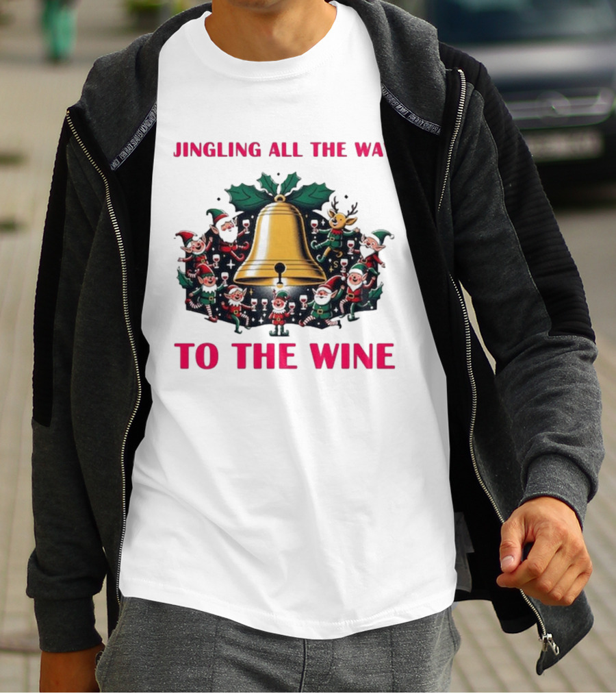 Jingling All The Way To The Wine Christmas Elves And Reindeer Bell T-Shirt