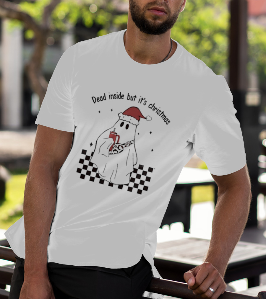 Dead Inside But It's Christmas Ghost With Santa Hat And Mug T-Shirt