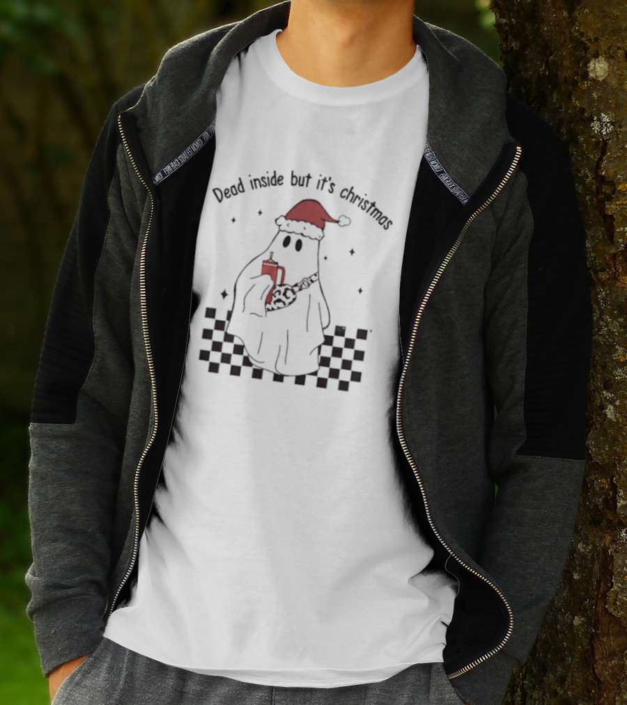 Dead Inside But It's Christmas Ghost With Santa Hat And Mug T-Shirt