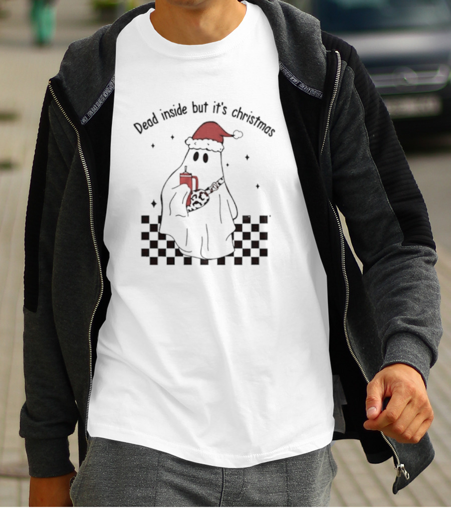 Dead Inside But It's Christmas Ghost With Santa Hat And Mug T-Shirt