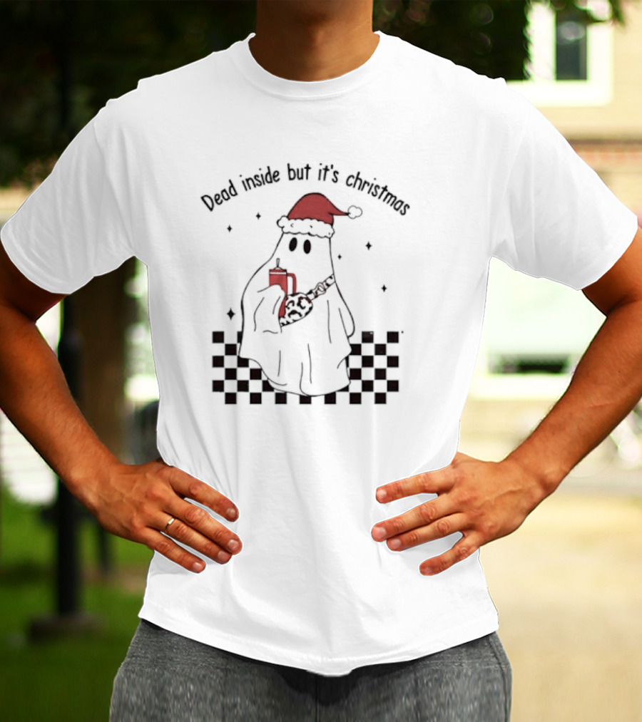 Dead Inside But It's Christmas Ghost With Santa Hat And Mug T-Shirt