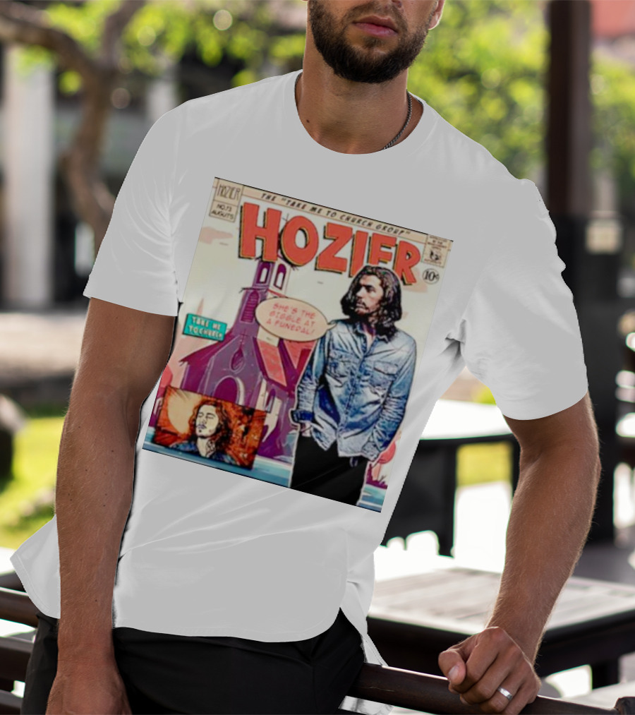 Hozier The Take Me To Church Group Comic Style With Giggle At A Funeral Text T-Shirt