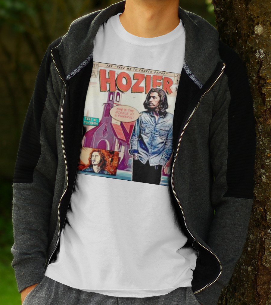 Hozier The Take Me To Church Group Comic Style With Giggle At A Funeral Text T-Shirt