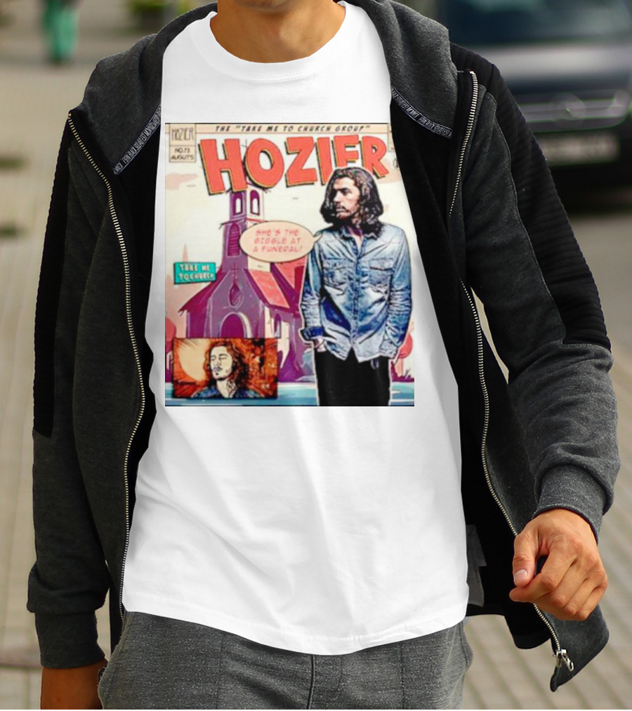 Hozier The Take Me To Church Group Comic Style With Giggle At A Funeral Text T-Shirt