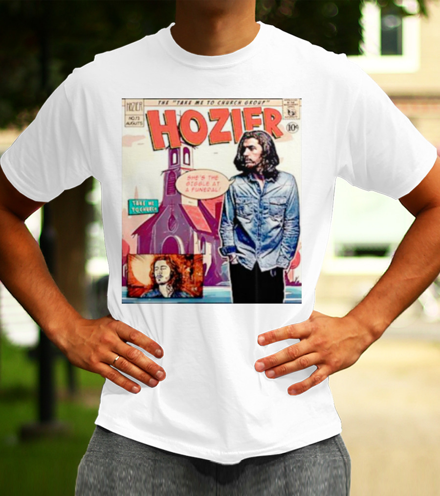 Hozier The Take Me To Church Group Comic Style With Giggle At A Funeral Text T-Shirt