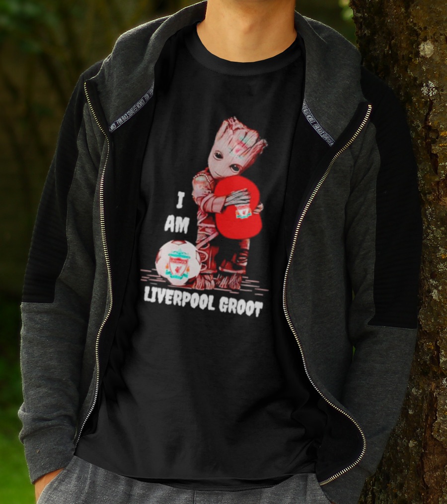 Groot I Am Liverpool FC Soccer Ball Hugging Tree Creature T-Shirt