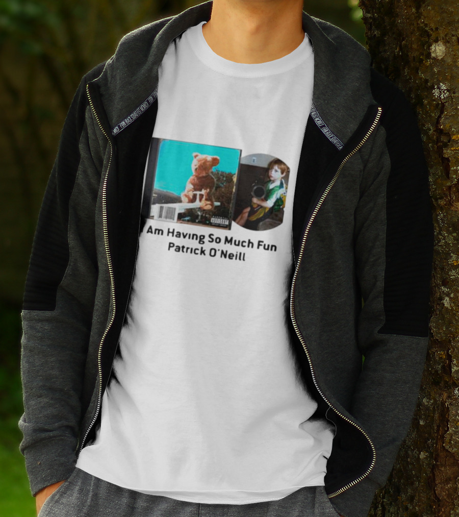 I Am Having So Much Fun Patrick O’Neill Teddy Bear Blue Background CD Boy With Toy T-Shirt