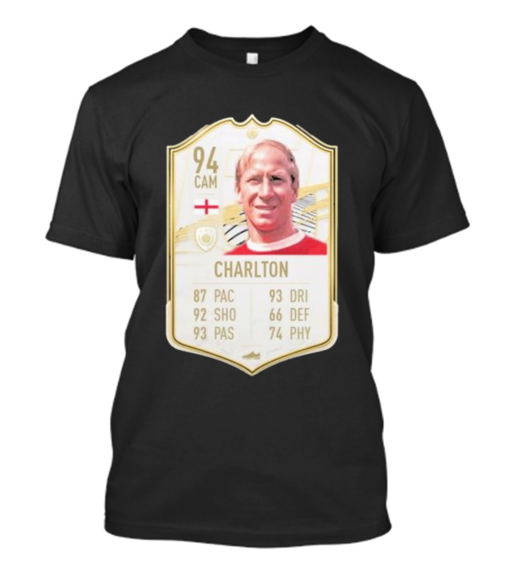 Sir Bobby Charlton 94 CAM FIFA Card England RIP 1937-2023 T-Shirt