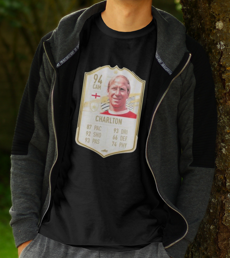 Sir Bobby Charlton 94 CAM FIFA Card England RIP 1937-2023 T-Shirt
