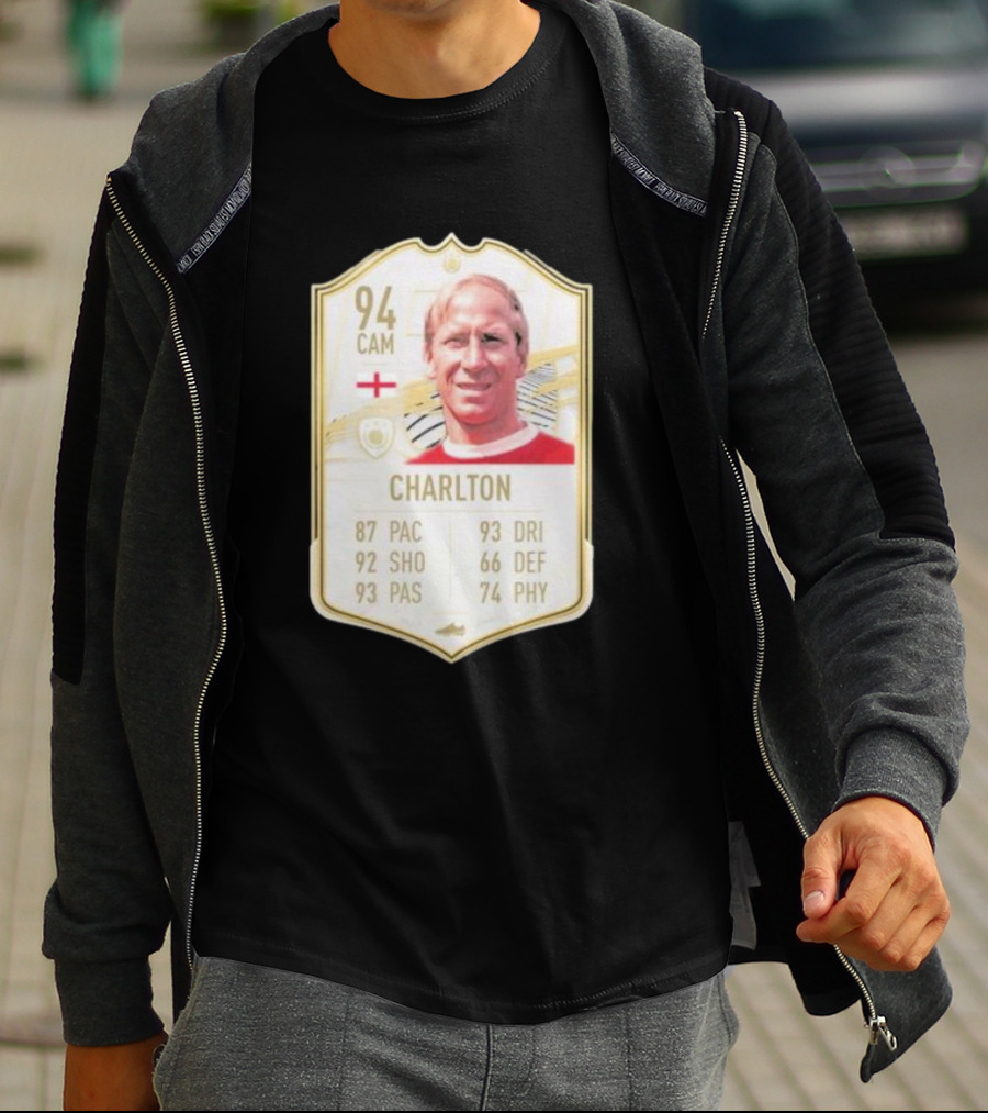Sir Bobby Charlton 94 CAM FIFA Card England RIP 1937-2023 T-Shirt