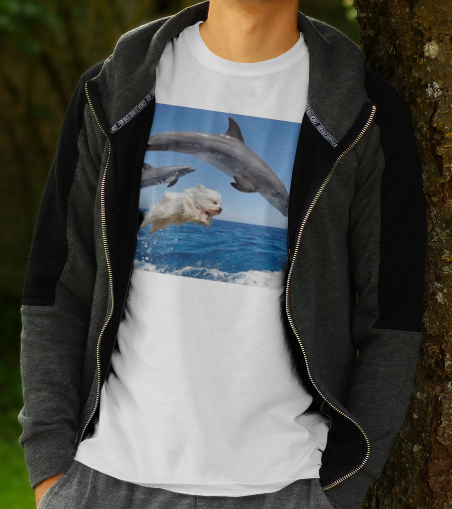 Dog Diving With Dolphins In Ocean T-Shirt