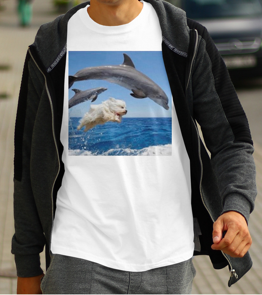 Dog Diving With Dolphins In Ocean T-Shirt