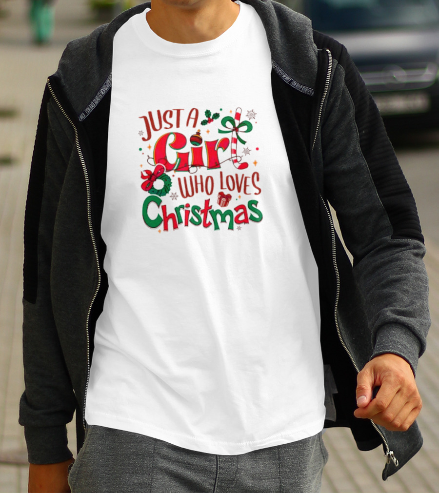 Just A Girl Who Loves Christmas With Festive Icons And Decorations T-Shirt