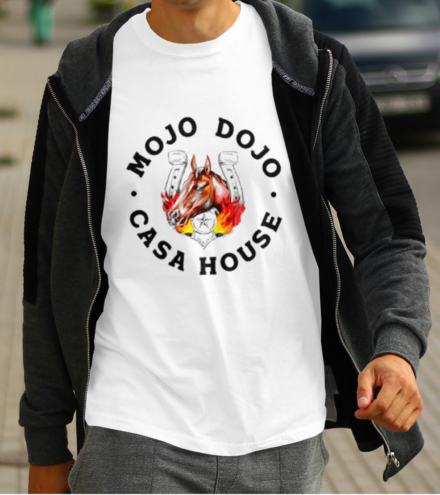 Mojo Dojo Casa House Horse With Flaming Background And Horseshoe Emblem T-Shirt