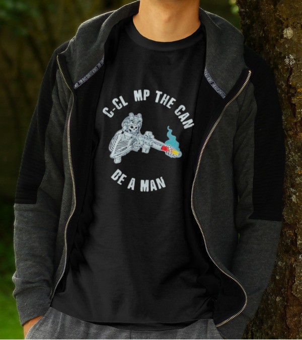 Skeleton Holding C-Clamp Blaster Be A Man T-Shirt