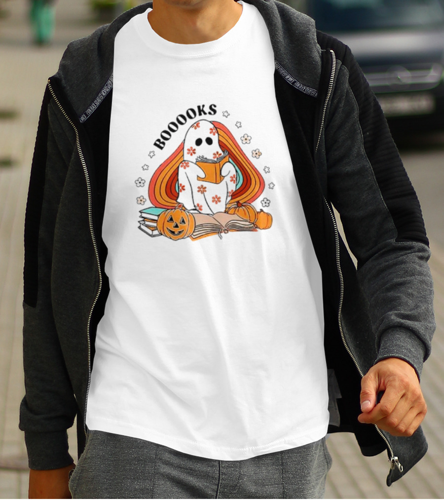 BOOOOKS Ghost Reading With Pumpkins And Flowers T-Shirt